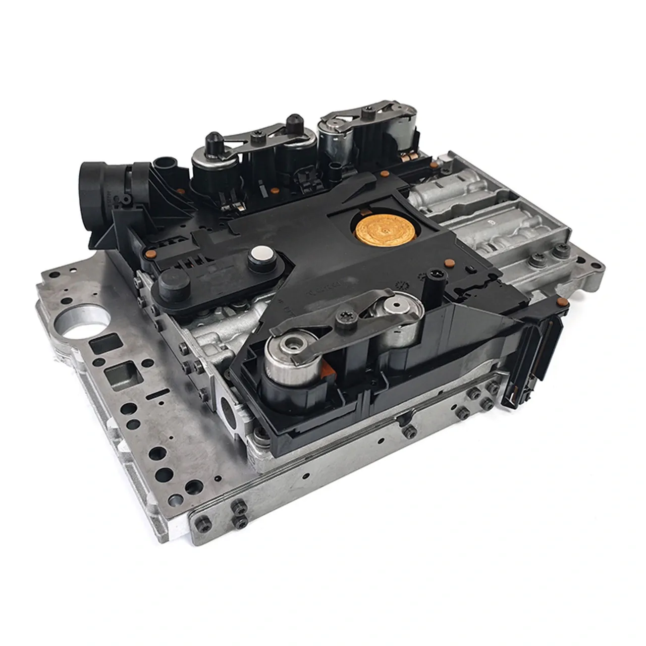Bloc hidraulic (valve body) 722.6 cu placa conductoare, solenoizii și conectorul, vedere în perspectivă (piesă aftermarket recondiționată)