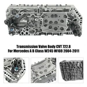 Bloc hidraulic (valve body) al cutiei CVT 722.8 Autotronic pentru W169 / W245, vedere de sus cu solenoizii, plus detalii (imagine de produs cu text)