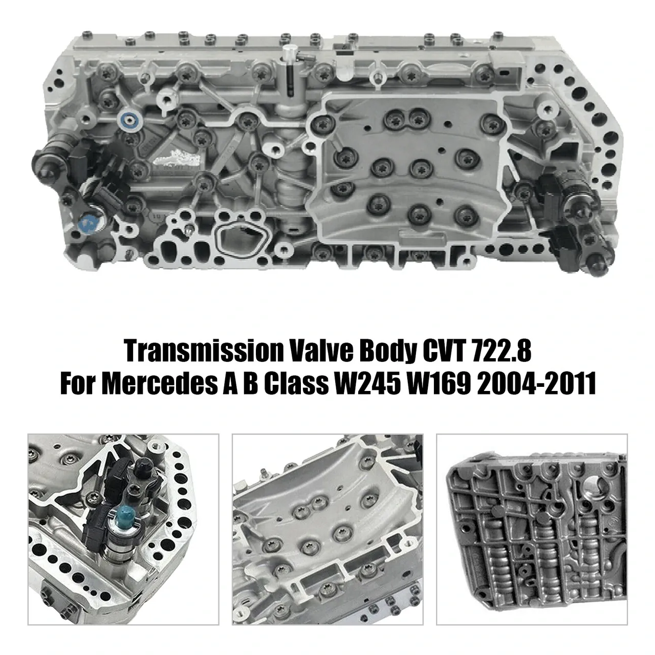Bloc hidraulic (valve body) al cutiei CVT 722.8 Autotronic pentru W169 / W245, vedere de sus cu solenoizii, plus detalii (imagine de produs cu text)