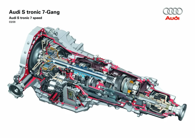 Cutia Audi S tronic cu 7 trepte, longitudinală (DL501 / 0B5), vedere secționată — ilustrație Audi, martie 2008