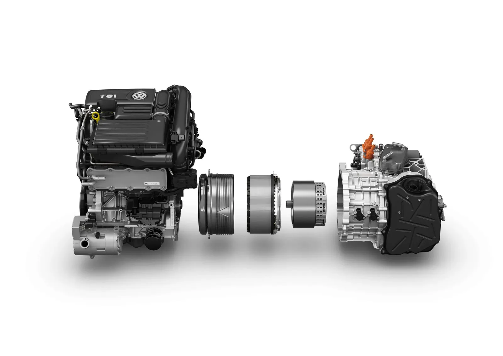 Golf GTE: motor 1.4 TSI, modul electric și cutia DSG cu 6 trepte pentru hibrid (DQ400e), vedere explodată