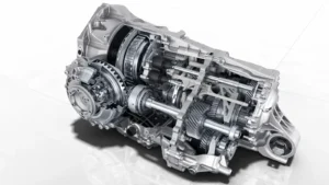 Secțiune prin cutia PDK cu 8 trepte (ZF 8DT), imagine din articolul Porsche „Double Pleasure” (2019), dosar media CPM-391-PDK-Panamera