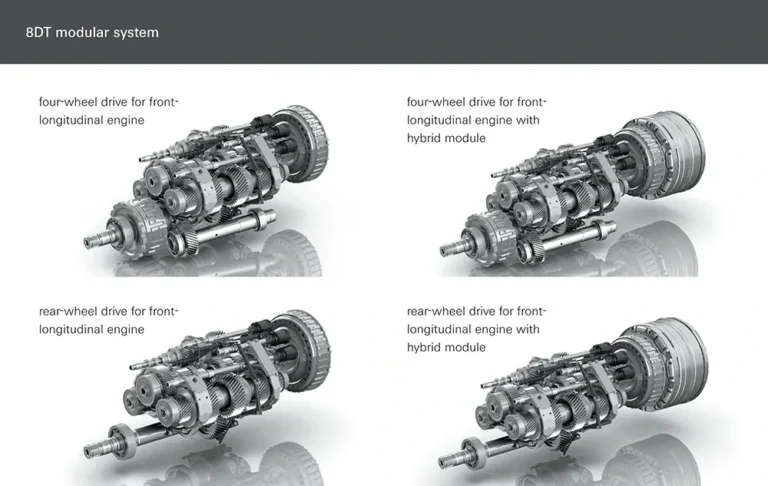 Material ZF „8DT modular system”: cele patru variante ale cutiei ZF 8DT (tracțiune spate/integrală, cu sau fără modul hibrid)