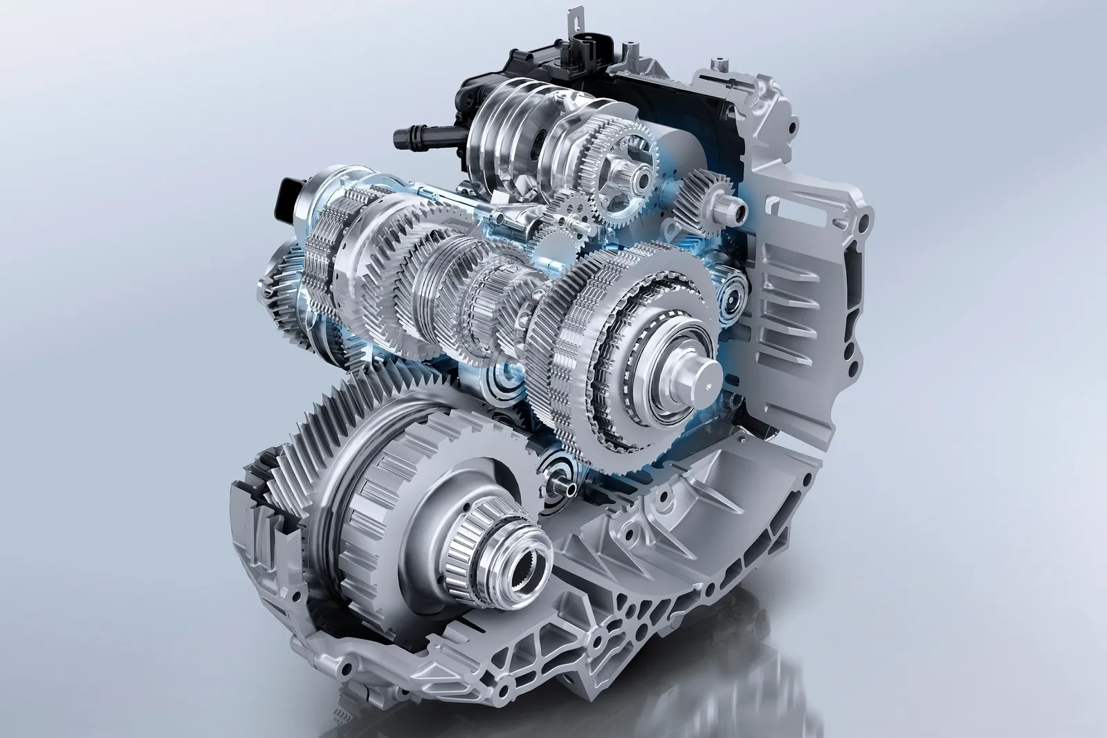 Randare în secțiune a cutiei eDCT / e-DCS6 (dublu ambreiaj, 6 trepte, motor electric integrat, 48 V) — imagine de presă Stellantis