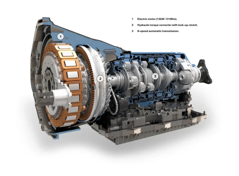 BMW ActiveHybrid 7 (2009): motor electric 15 kW/210 Nm, convertizor hidraulic cu ambreiaj de blocare și cutie automată cu 8 trepte (varianta hibridă ZF 8HP; catalogul ZF indică 8HP70H)